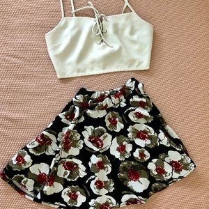 Black white and red floral skater skirt